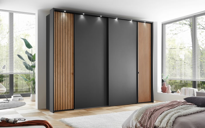 Dreh-/Schwebetürenschrank Clivo 3000, graphit/Bianco-Eiche-Nachbildung, 300 x 216 cm-01