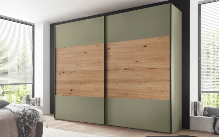 Schwebetürenschrank Florina, salbeigrün/Artisan Eiche-Nachbildung, inkl. Schließdämpfung
