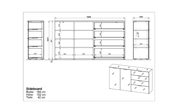 Kommode Oakland, weiß, 184 x 102 cm-05