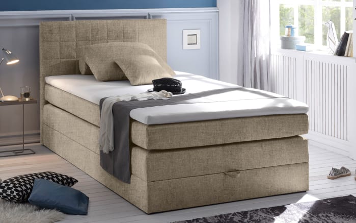 Boxspringbett Hawaii 2, Soro 23 sand, 120 x 200 cm, inkl. Topper und Bettkasten-01