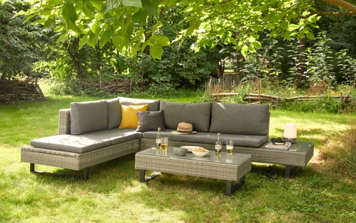 3 teiliges Gartenlounge Sofa Set Bahrain, Aluminiumgestell schwarz matt, Geflecht grau-10