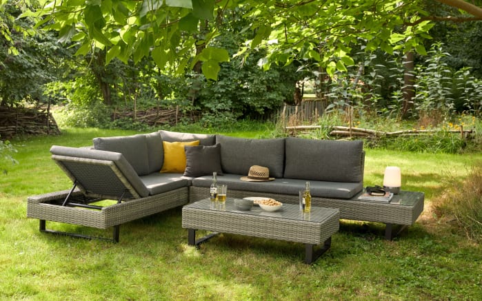 3 teiliges Gartenlounge Sofa Set Bahrain, Aluminiumgestell schwarz matt, Geflecht grau-11