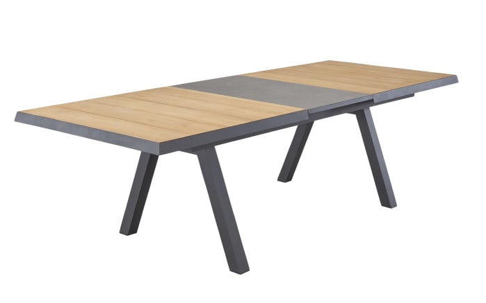 Ausziehtisch Kumasi, Aluminiumgestell dunkelgrau/Platte Keramikfliesen grau/Teakholz natur-03