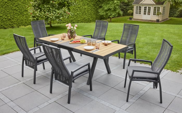 Ausziehtisch Kumasi, Aluminiumgestell dunkelgrau/Platte Keramikfliesen grau/Teakholz natur-05