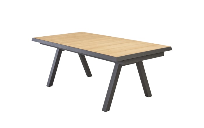 Ausziehtisch Kumasi, Aluminiumgestell dunkelgrau/Platte Keramikfliesen grau/Teakholz natur-01