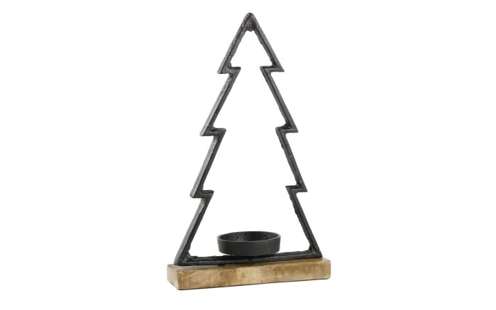 Tannenbaum mit Kerzenhalter aus Mangoholz mit Aluminium, schwarz/natur, 34 cm